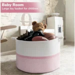 Cotton Dori 16x14 Inch Storage Basket For Clothes With Out Lid (White-Pink-White) - Image 2