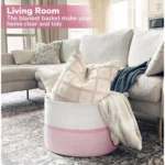 Cotton Dori 16x14 Inch Storage Basket For Clothes With Out Lid (White-Pink-White) - Image 3
