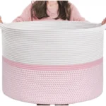 Cotton Dori 16x14 Inch Storage Basket For Clothes With Out Lid (White-Pink-White) - Image 4