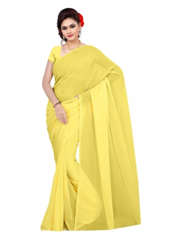 Women's Georgette Plain Saree With Blouse (Lemon Yellow, 5-6 Mtrs)