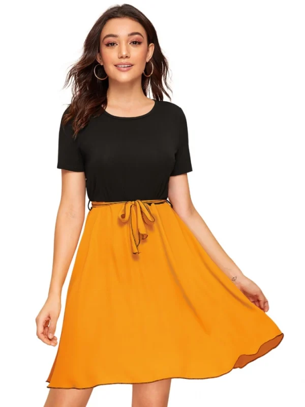 Women's Knitting stretchable Solid Round Neck Cap Sleeve Dress (Yellow)