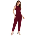 Women's Knitting stretchable Solid Round Neck Sleeveless Jumpsuit (Maroon) - Image 2