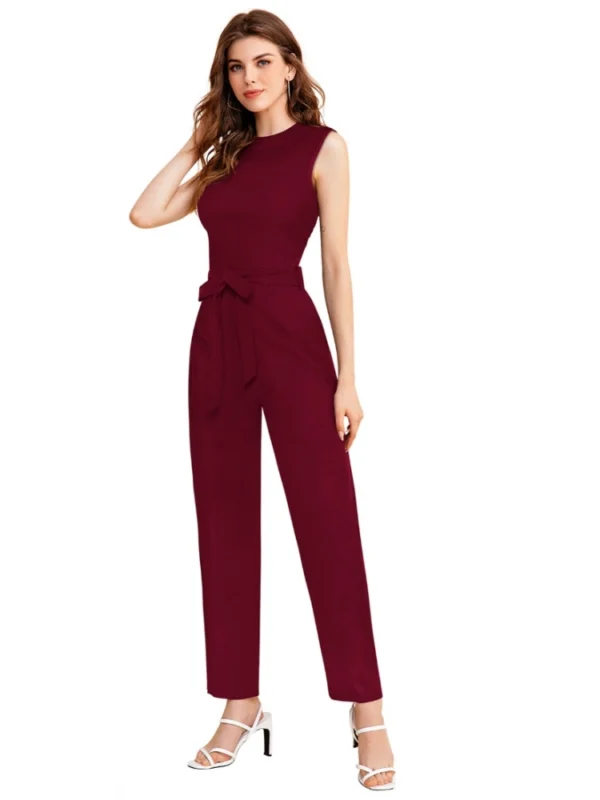 Women's Knitting stretchable Solid Round Neck Sleeveless Jumpsuit (Maroon)