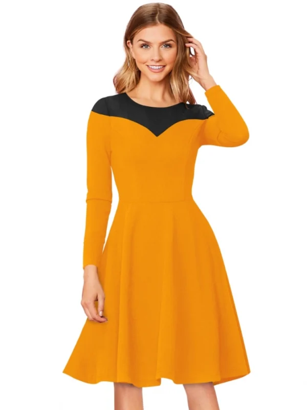 Women's Knitting stretchable Solid Round Neck Full Sleeve Dress (Yellow)