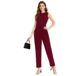 Women's Knitting stretchable Solid Round Neck Sleeveless Jumpsuit (Maroon) - Image 4