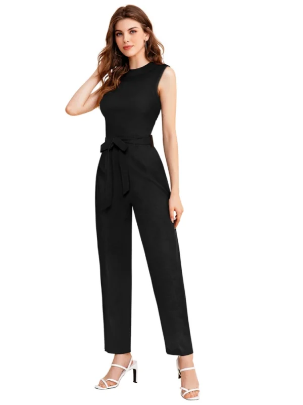 Women's Knitting stretchable Solid Round Neck Sleeveless Jumpsuit (Black)