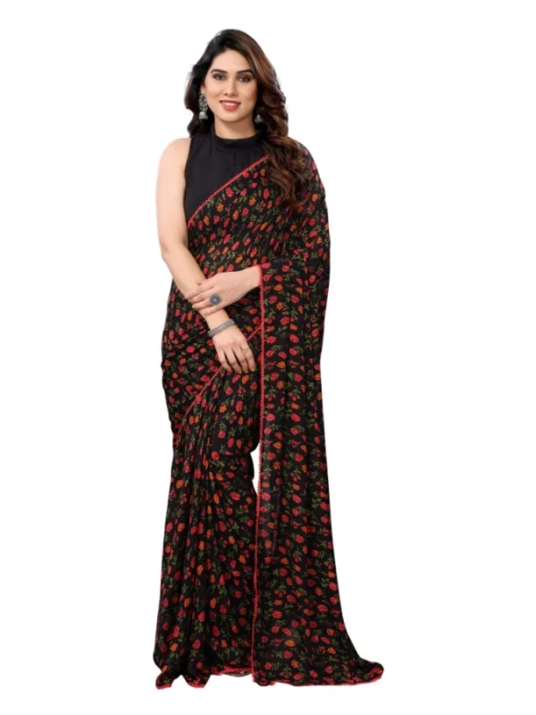Women's Small Lace Georgette Printed Ready-to-Wear Saree With Unstitched Blouse 5.5 Mtr (Black)