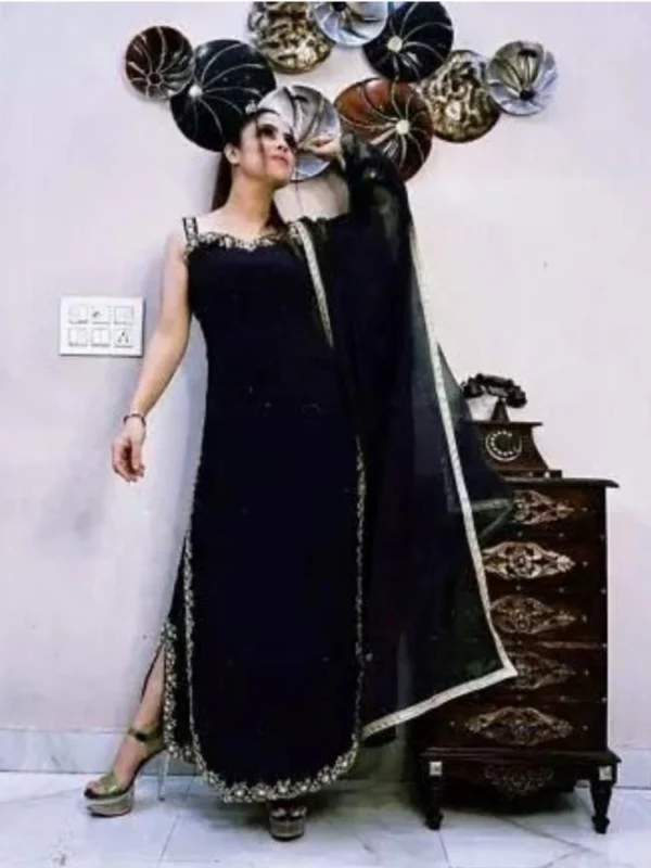 Women's Georgette Embroidery Sleeveless Round Neck Kurti, Palazzo And Dupatta Set (Black)