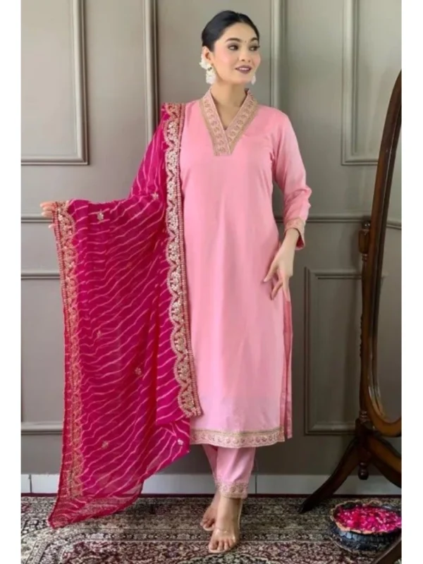 Women's Roman Silk Embroidery 3-4th Sleeve V-Neck Kurti With Pant Dupatta Set (Pink)