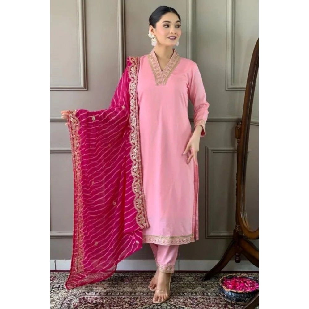54592708695_66fb884b4d_o-1000x1000-1.webp Women's Roman Silk Embroidery 3-4th Sleeve V-Neck Kurti With Pant Dupatta Set (Pink) - Image 1