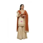 Women's Silk Embroidered 3/4th Sleeve V-Neck Kurti With Sharara Pant and Dupatta Set (Cream & Orange) - Image 6