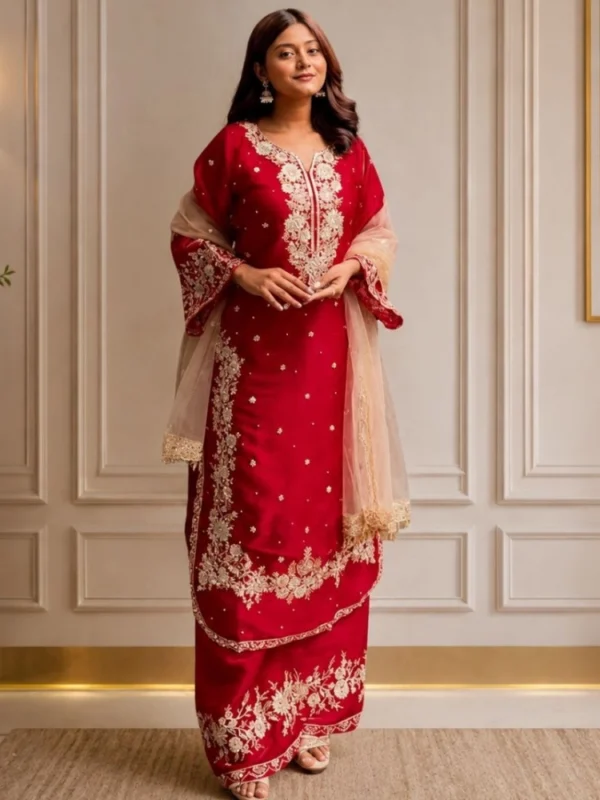 Women's Silk Embroidered 3/4th Sleeve Round Readymade Kurti With Palazzo Pant and Dupatta Set (Red)