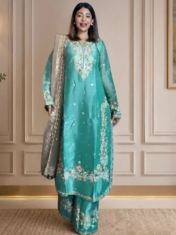 Women's Silk Embroidered 3/4th Sleeve Round Readymade Kurti With Palazzo Pant and Dupatta Set (Sea Green)