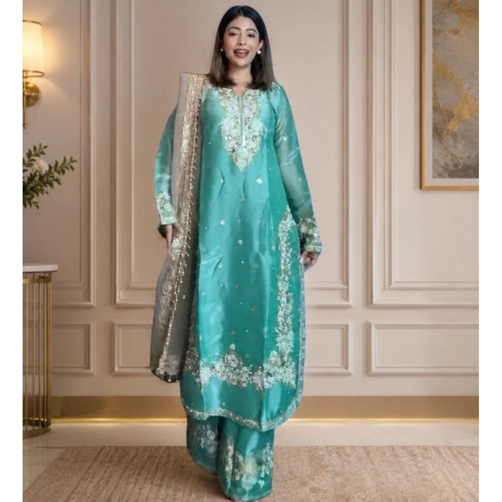 66507-1000x1000-1.webp Women's Silk Embroidered 3/4th Sleeve Round Readymade Kurti With Palazzo Pant and Dupatta Set (Sea Green) - Image 1