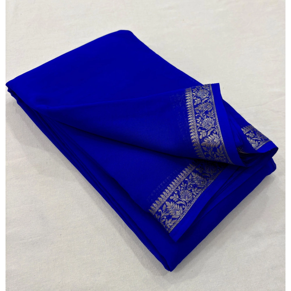BSB98-SANW1018-Main-1000x1000-1.webp Women's Crepe Chit Pallu Solid Saree With Unstitched Blouse 5.5Mtr (Blue) - Image 1