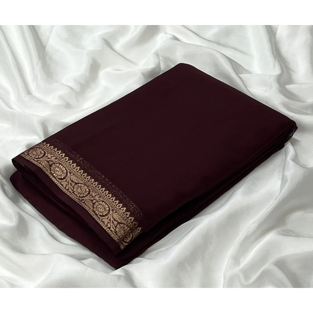 BSB98-SANW1043-Main-1000x1000-1.webp Women's Crepe Chit Pallu Solid Saree With Unstitched Blouse 5.5Mtr (Brown) - Image 1