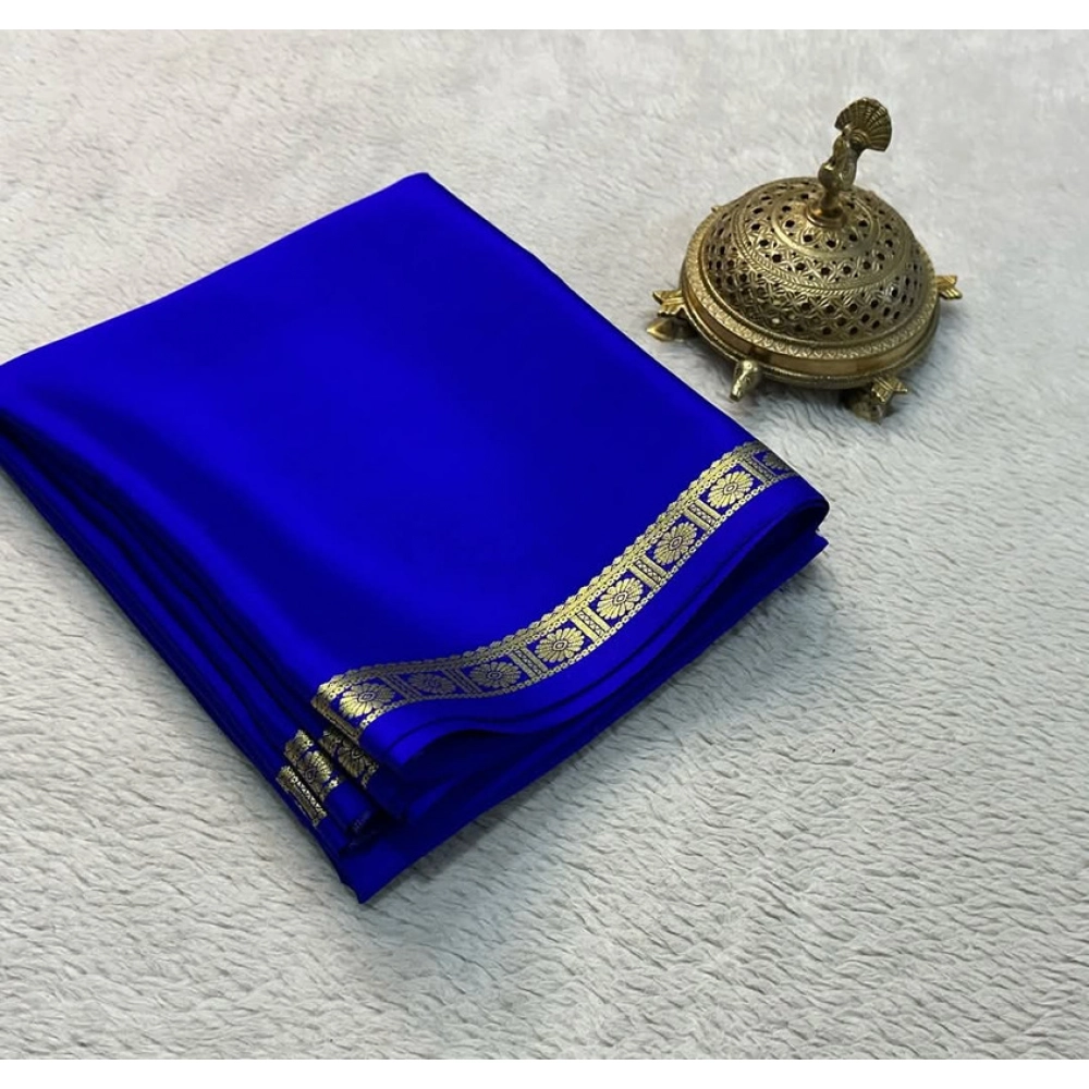 BSB98-SANW1049-Main-1000x1000-1.webp Women's Crepe Chit Pallu Solid Saree With Unstitched Blouse 5.5Mtr (Blue) - Image 1