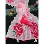 Women's Linen Cotton  Printed Saree With Unstitched Blouse 5.5Mtr (Pink)