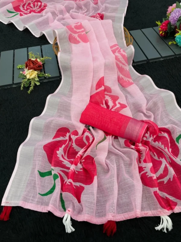 Women's Linen Cotton  Printed Saree With Unstitched Blouse 5.5Mtr (Pink)