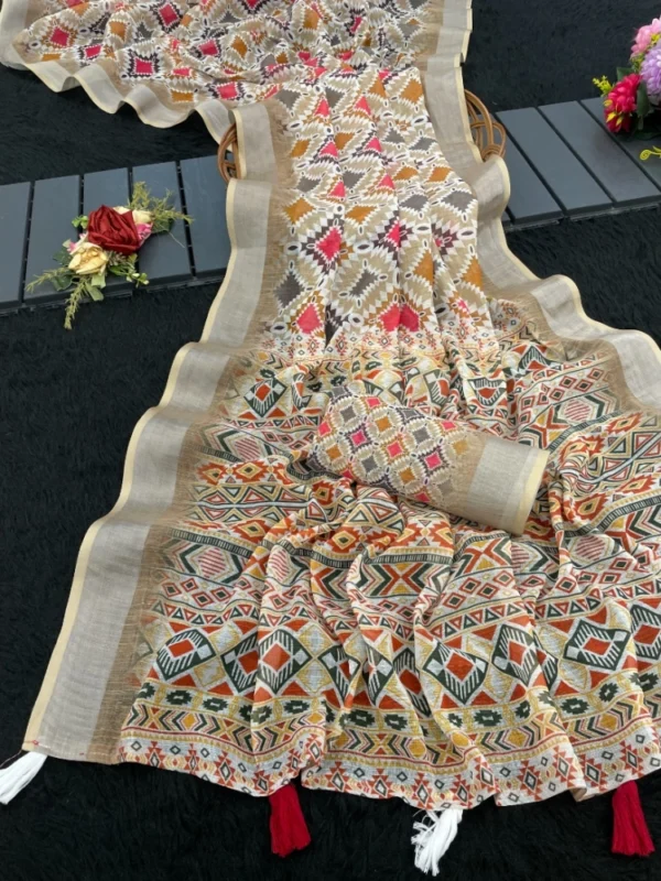 Women's Linen Cotton  Printed Saree With Unstitched Blouse 5.5Mtr (Cream)