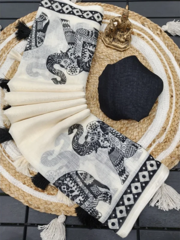 Women's Linen Cotton Printed Saree With Unstitched Blouse 5.5Mtr (Cream & Black)
