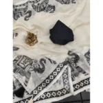 Women's Linen Cotton Printed Saree With Unstitched Blouse 5.5Mtr (Cream & Black) - Image 3