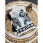 Women's Linen Cotton Printed Saree With Unstitched Blouse 5.5Mtr (Cream & Black) - Image 2