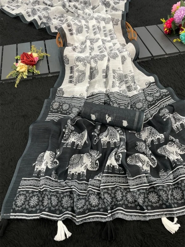 Women's Linen Cotton Printed Saree With Unstitched Blouse 5.5Mtr (Black)