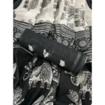 Women's Linen Cotton Printed Saree With Unstitched Blouse 5.5Mtr (Black) - Image 3