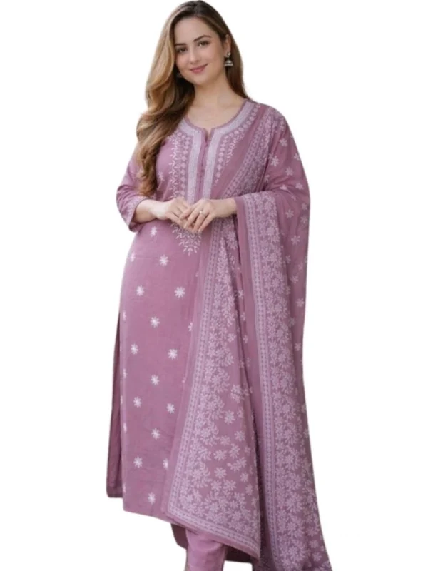 Women's Chanderi Silk Ethnic Motif Round 3/4th Sleeve Kurti With Pant Dupatta Set (Peach)