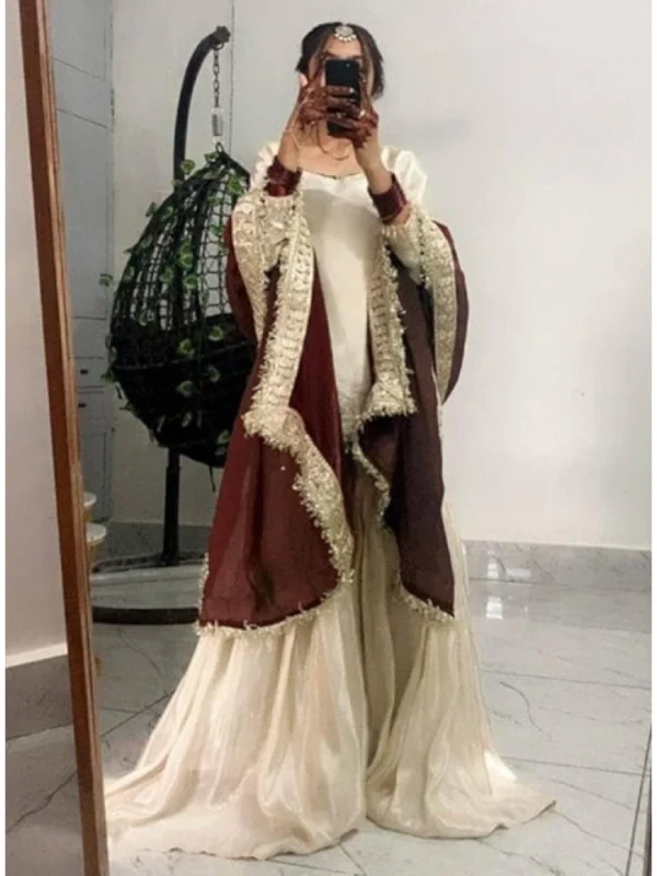 Women's Silk Embroidered 3/4th Sleeve V-Neck Kurti With Sharara Pant and Dupatta Set (Cream & Brown)