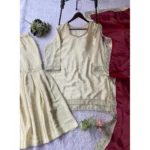 Women's Silk Embroidered 3/4th Sleeve V-Neck Kurti With Sharara Pant and Dupatta Set (Cream & Brown) - Image 4