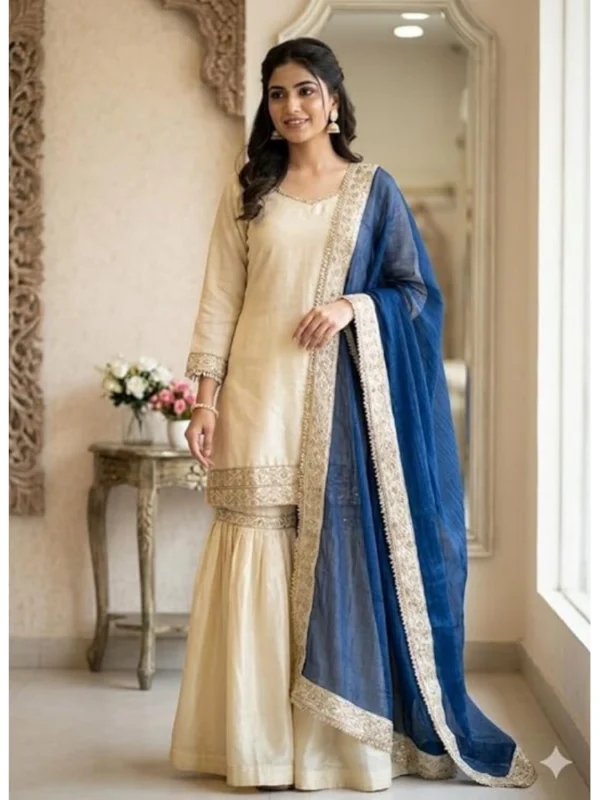 Women's Silk Embroidered 3/4th Sleeve V-Neck Kurti With Sharara Pant and Dupatta Set (Cream & Blue)