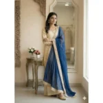 Women's Silk Embroidered 3/4th Sleeve V-Neck Kurti With Sharara Pant and Dupatta Set (Cream & Blue) - Image 6