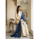 Women's Silk Embroidered 3/4th Sleeve V-Neck Kurti With Sharara Pant and Dupatta Set (Cream & Blue) - Image 3