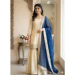 Women's Silk Embroidered 3/4th Sleeve V-Neck Kurti With Sharara Pant and Dupatta Set (Cream & Blue) - Image 4