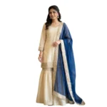 Women's Silk Embroidered 3/4th Sleeve V-Neck Kurti With Sharara Pant and Dupatta Set (Cream & Blue) - Image 5