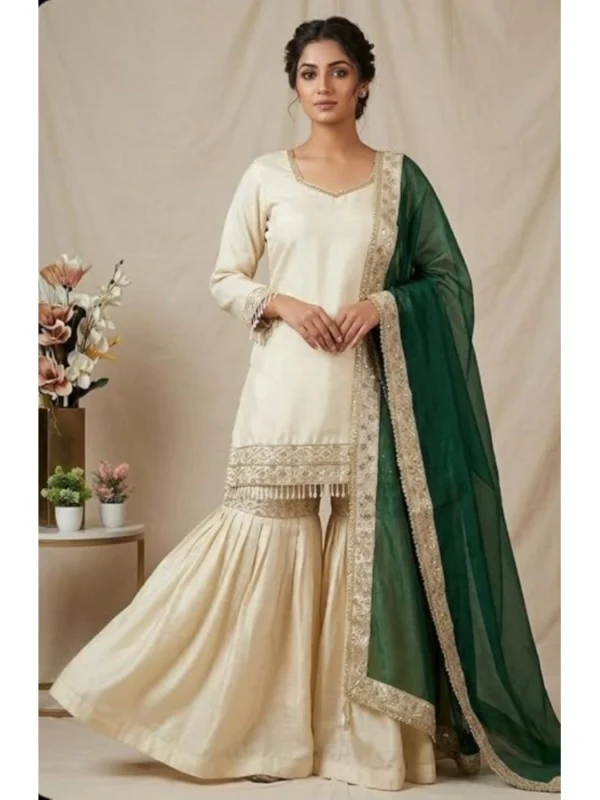 Women's Silk Embroidered 3/4th Sleeve V-Neck Kurti With Sharara Pant and Dupatta Set (Cream & Bottle Green)