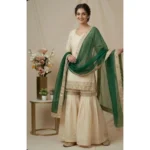 Women's Silk Embroidered 3/4th Sleeve V-Neck Kurti With Sharara Pant and Dupatta Set (Cream & Bottle Green) - Image 6