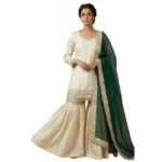 Women's Silk Embroidered 3/4th Sleeve V-Neck Kurti With Sharara Pant and Dupatta Set (Cream & Bottle Green) - Image 5