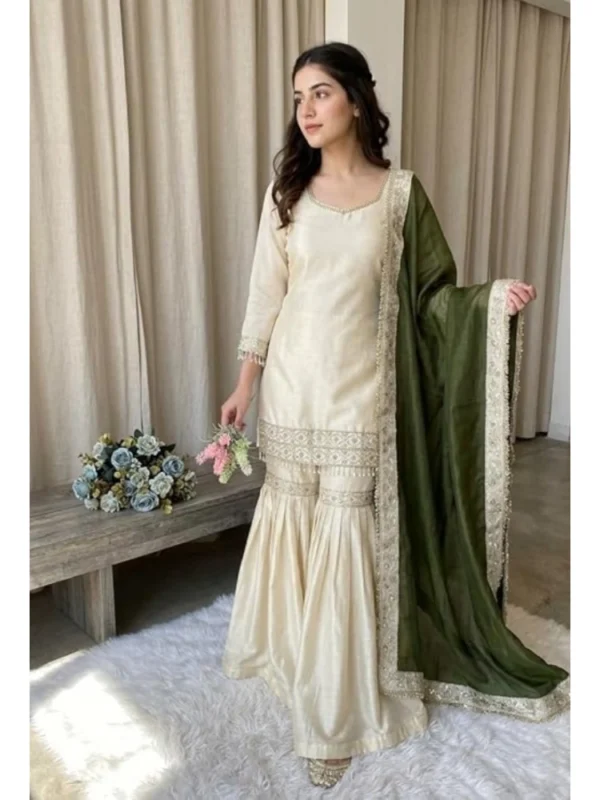 Women's Silk Embroidered 3/4th Sleeve V-Neck Kurti With Sharara Pant and Dupatta Set (Cream & Green)