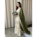 Women's Silk Embroidered 3/4th Sleeve V-Neck Kurti With Sharara Pant and Dupatta Set (Cream & Green) - Image 6