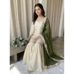 Women's Silk Embroidered 3/4th Sleeve V-Neck Kurti With Sharara Pant and Dupatta Set (Cream & Green) - Image 3