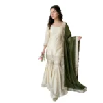 Women's Silk Embroidered 3/4th Sleeve V-Neck Kurti With Sharara Pant and Dupatta Set (Cream & Green) - Image 5