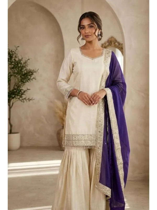 Women's Silk Embroidered 3/4th Sleeve V-Neck Kurti With Sharara Pant and Dupatta Set (Cream & Purple)
