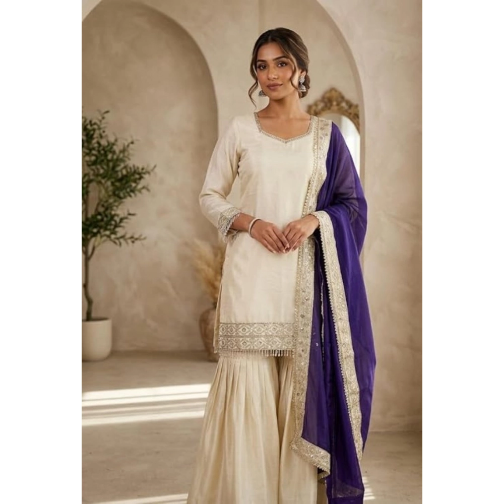 PID-66485-Women-s-Silk-Embroidered-3-4th-Sleeve-Round-Kurti-With-Palazzo-and-Dupatta-Set-Cream-1-1000x1000-1.webp Women's Silk Embroidered 3/4th Sleeve V-Neck Kurti With Sharara Pant and Dupatta Set (Cream & Purple) - Image 1