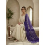Women's Silk Embroidered 3/4th Sleeve V-Neck Kurti With Sharara Pant and Dupatta Set (Cream & Purple) - Image 3