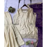 Women's Silk Embroidered 3/4th Sleeve V-Neck Kurti With Sharara Pant and Dupatta Set (Cream & Purple) - Image 4
