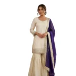 Women's Silk Embroidered 3/4th Sleeve V-Neck Kurti With Sharara Pant and Dupatta Set (Cream & Purple) - Image 5