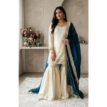 Women's Silk Embroidered 3/4th Sleeve V-Neck Kurti With Sharara Pant and Dupatta Set (Cream & Teal)